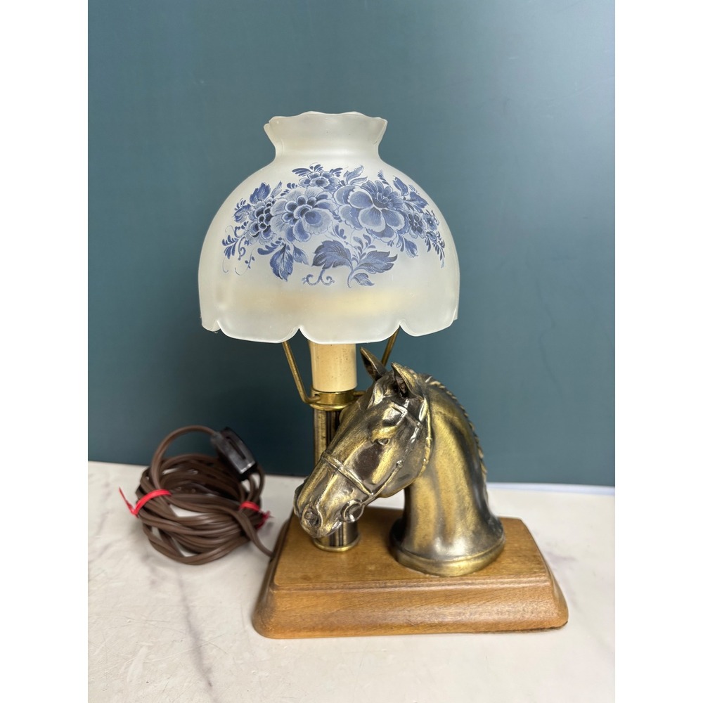 Vintage Equestrian Horse Head Table Lamp Brass Wood Base Blue Floral Glass Shade